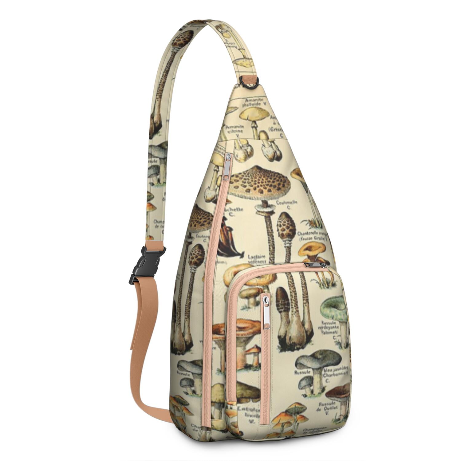 Boho Mushroom Sling Bag for Women - Vintage Floral Print, Adjustable Strap, Water-Resistant Crossbody Chest Bag (19.9×9.4×3.0inch)