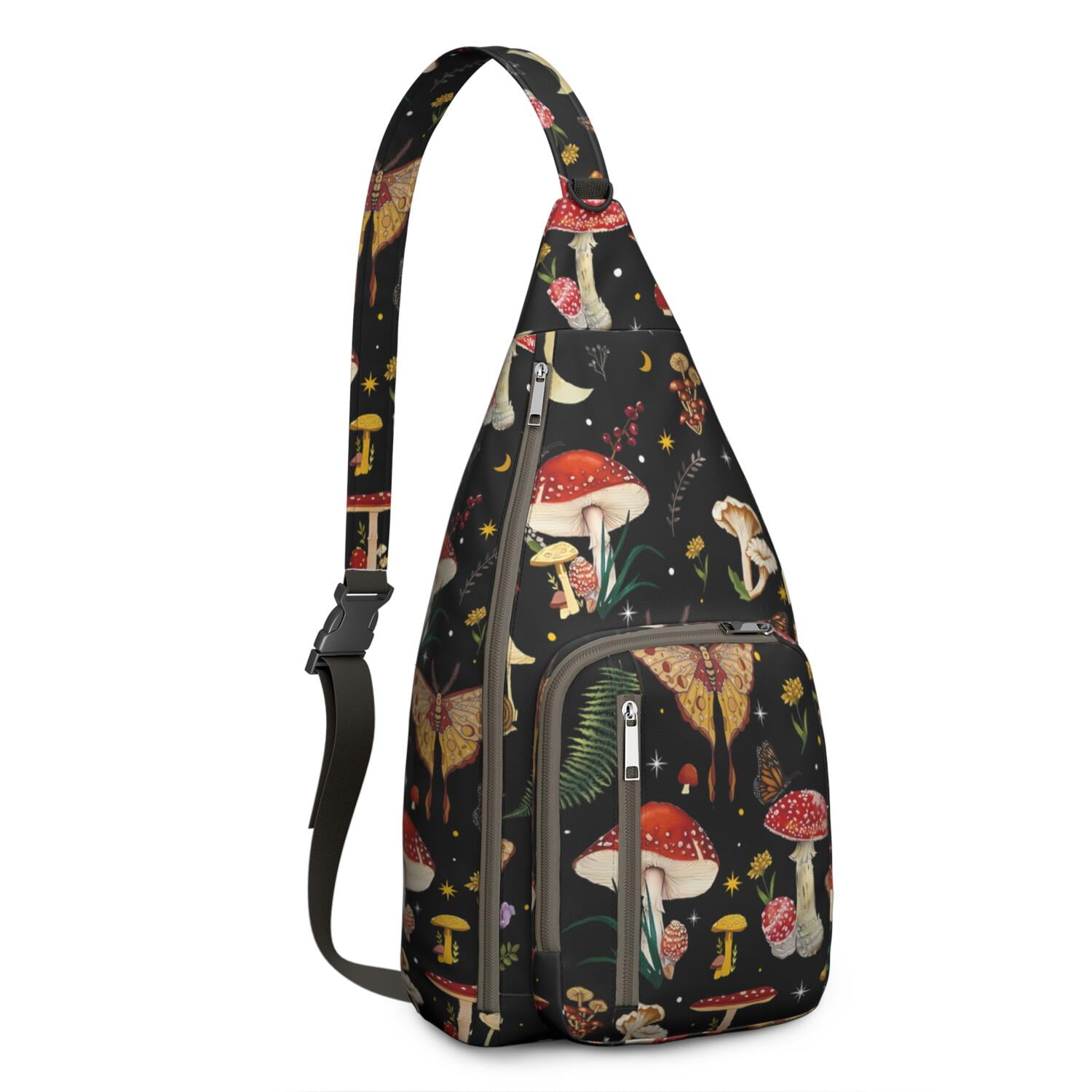 Boho Mushroom Sling Bag for Women - Vintage Floral Print, Adjustable Strap, Water-Resistant Crossbody Chest Bag (19.9×9.4×3.0inch)