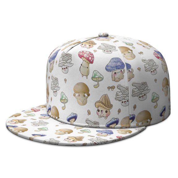 Boho Mushroom Snapback Hat - Unisex Flat Brim Cap with Vintage Mushroom Print - Adjustable Streetwear Hip Hop Baseball Hat