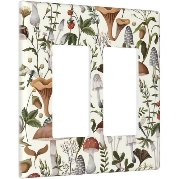 Boho Mushroom Vintage Floral Plants 2 Gang Rocker Decora Light Switch Cover Decorative Outlet Covers Wall Plate Electrical Faceplate Switchplate for Bathroom Home Living Room Decor
