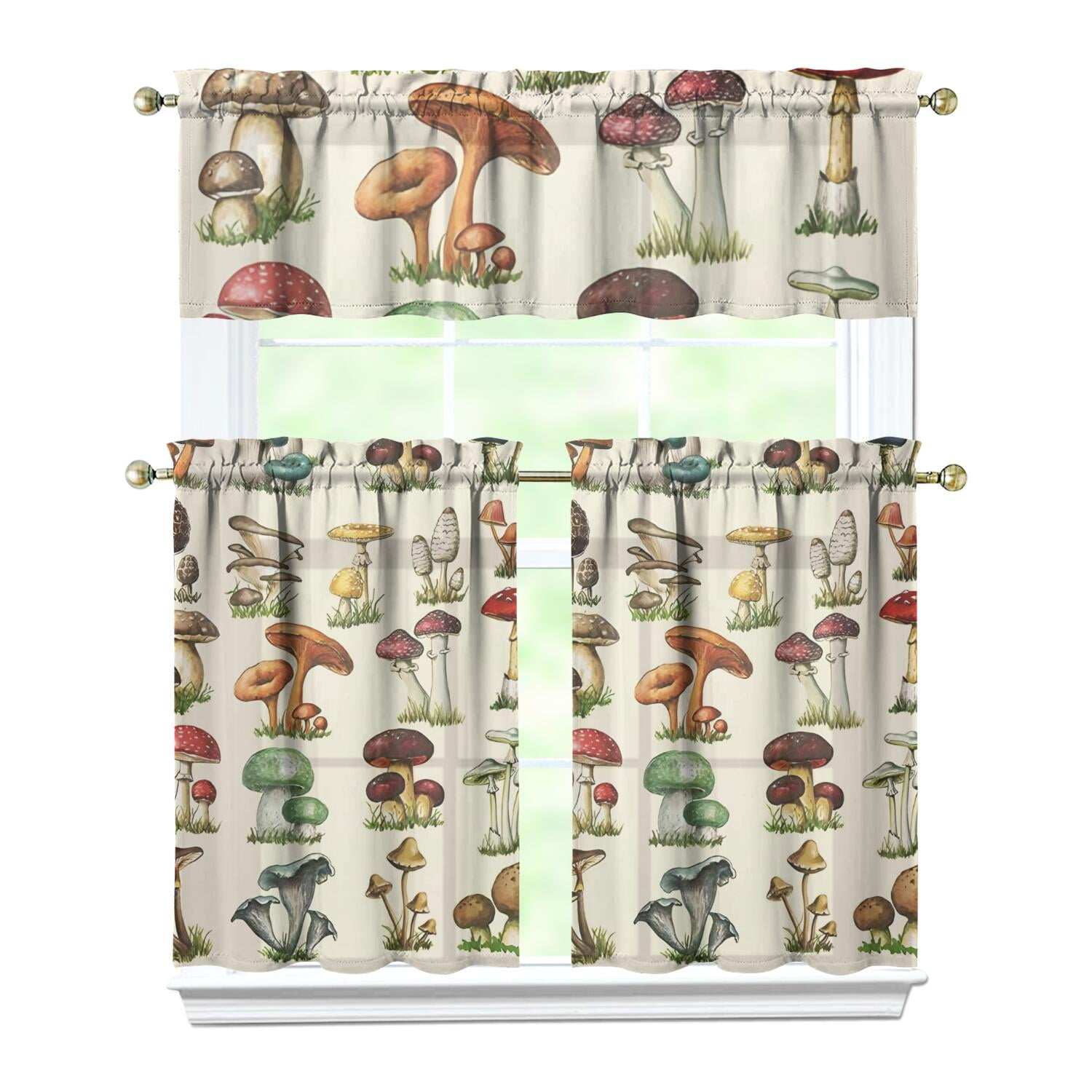 Boho Mushroom Window Curtains Set of 3 - Vintage Cottagecore Tiers ...