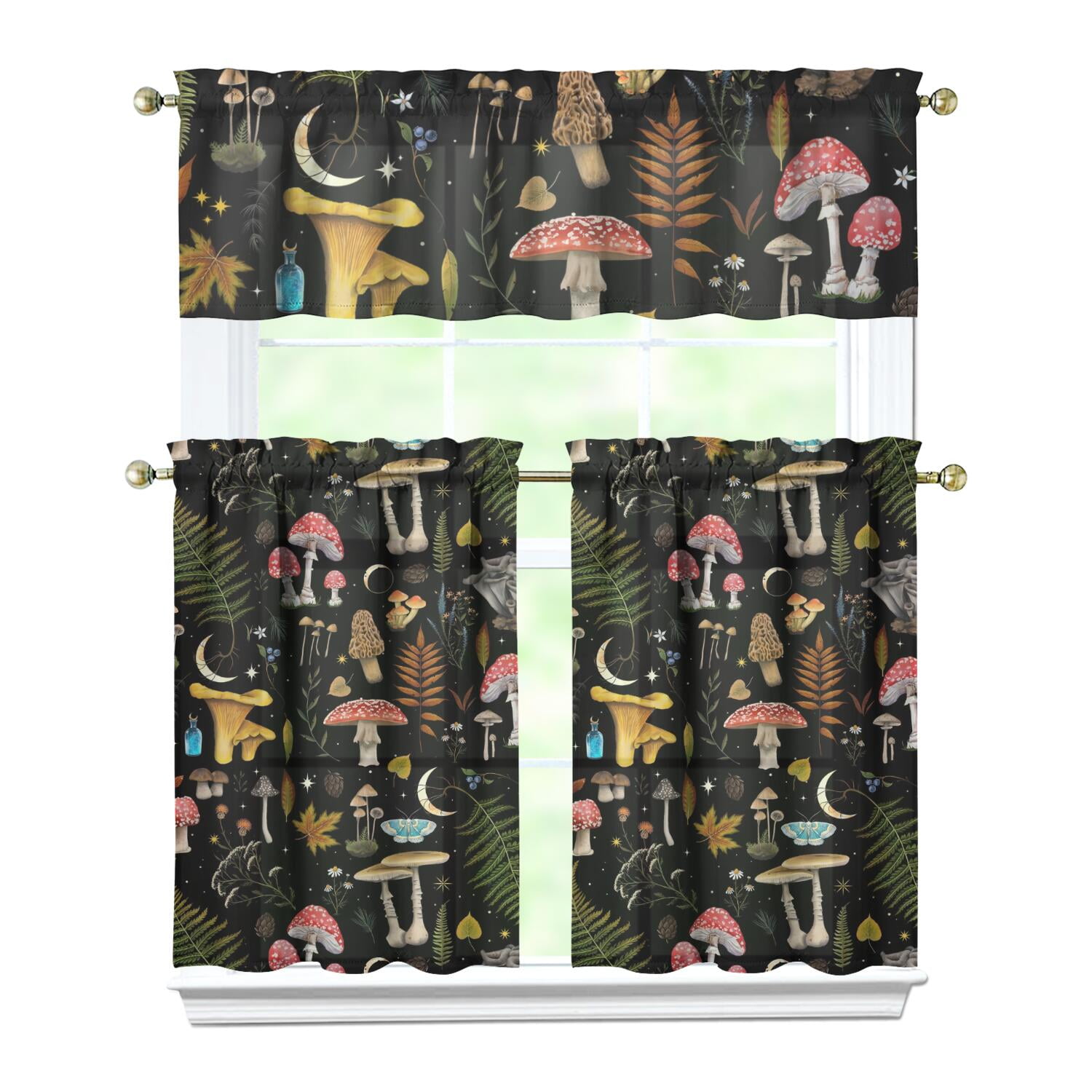Boho Mushroom Window Curtains Set of 3 - Vintage Cottagecore Tiers ...
