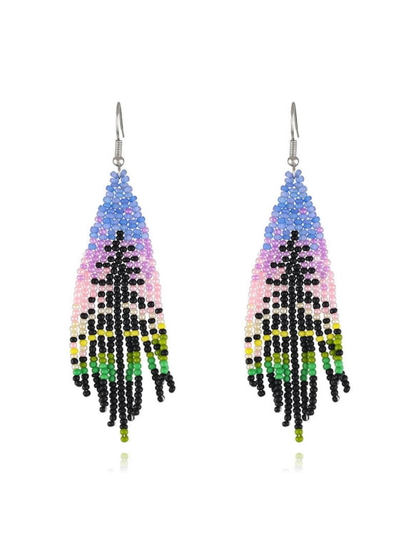 Boho Native Long Sunflower Tree Tassel Beaded Earrings for Women Tribal Ethnic Native Seed Beads Fringe Drop Dangle Earrings,Colorful Chandelier Earrings Statement Handmade Jewelry