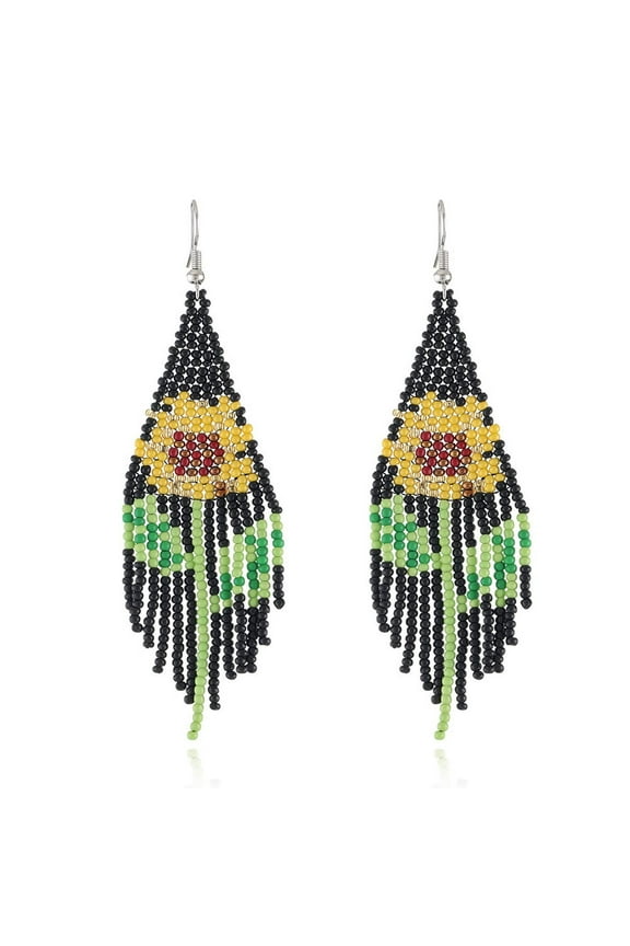 Boho Native Long Sunflower Tree Tassel Beaded Earrings for Women Tribal Ethnic Native Seed Beads Fringe Drop Dangle Earrings,Colorful Chandelier Earrings Statement Handmade Jewelry