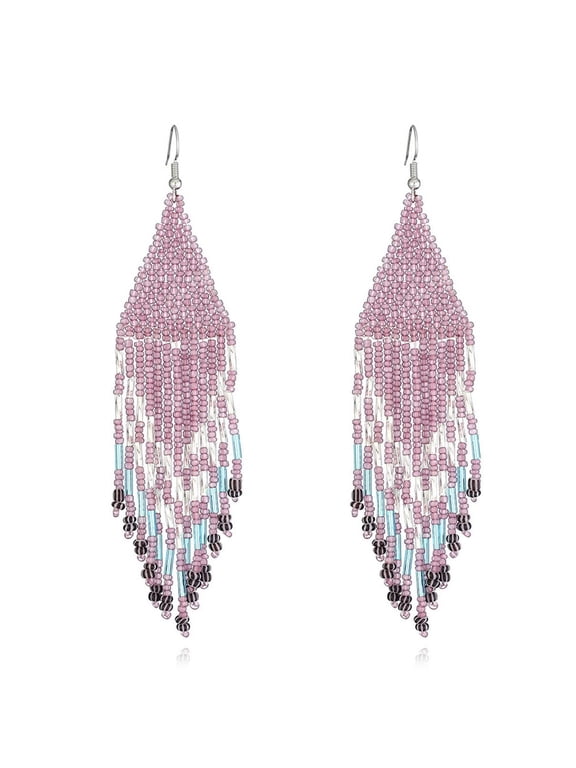 Boho Native Long Tassel Beaded Earrings for Women Tribal Ethnic Native Seed Beads Fringe Drop Dangle Earrings,Large Colorful Chandelier Earrings Statement Handmade Jewelry(purple)