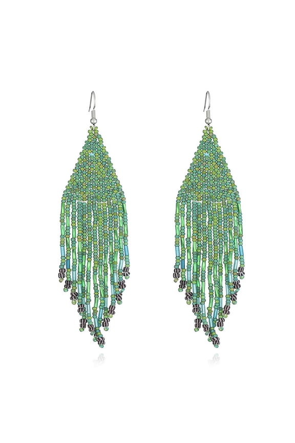 Boho Native Long Tassel Beaded Earrings for Women Tribal Ethnic Native Seed Beads Fringe Drop Dangle Earrings,Large Colorful Chandelier Earrings Statement Handmade Jewelry(green)
