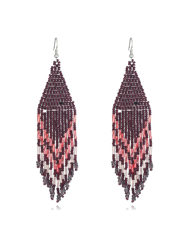 Boho Native Long Tassel Beaded Earrings for Women Tribal Ethnic Native Seed Beads Fringe Drop Dangle Earrings,Large Colorful Chandelier Earrings Statement Handmade Jewelry(brown)