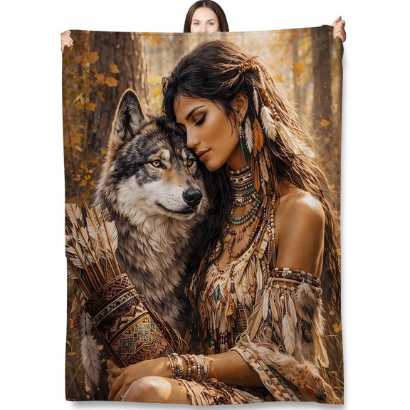 Boho Native Woman Wolf Throw Blanket Gifts for Kids Women, Tribal Spirit Animal Forest Blankets Home, Living Room, Bedroom Decor, Flannel Plush