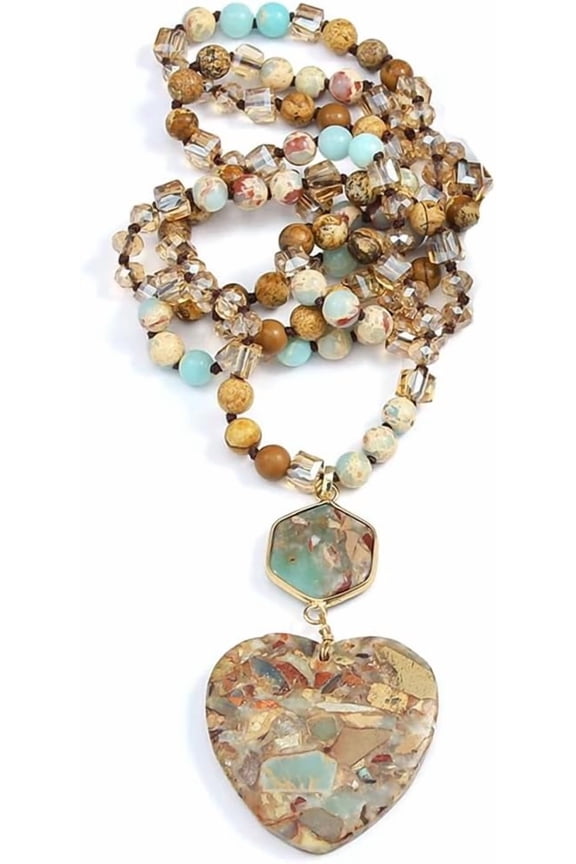 Boho Natural Mixed Stone Beaded Long Heart Pendant Necklace, Hand Knotted Jasper & Aqua Crystal Layerable Statement Necklace, Earth Tone Bohemian Jewelry Gift for Women Beach Daily Outfit