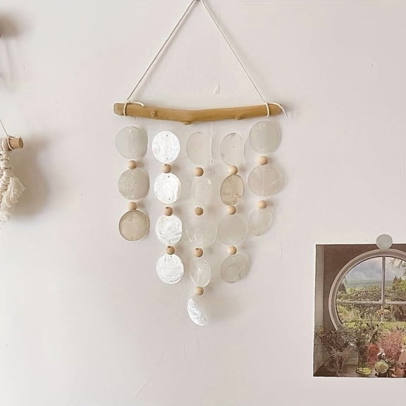 Boho Natural Shell Wind Chime, Capiz Shells Hanging Decor for Windows Weddings, Coastal Wall Art for Home Bedroom Patio, Housewarming Gift Ready to Hang