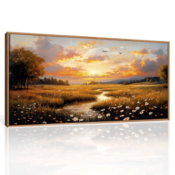 TOARTi Boho Nature Landscape Framed Canvas Wall Art Rustic Sunset River Painting Vintage Wildflower Decor for Living Room Bedroom Office 20x40 Inch