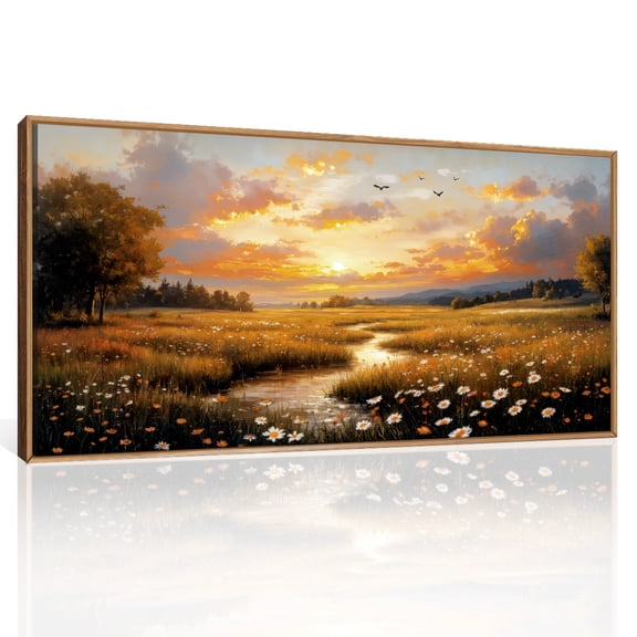 Boho Nature Landscape Canvas Wall Art Framed Rustic Sunset and River Wall Decor Vintage Wildflower Wall Painting for Living Room Bedroom Office 20X40In