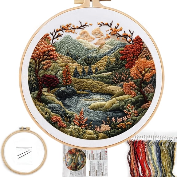 Boho Nature Landscape Embroidery Kit, 1 Set Cross Stitch Craft Kit for Beginners with Pre-Printed Embroidery Fabric, Hoop, Step-by-Step Instruction, Color Threads & Needles (Flowers Hill)