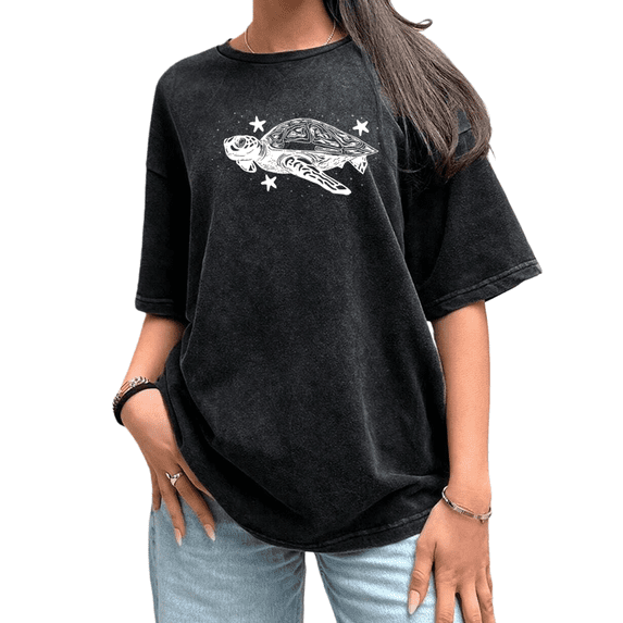 Boho Nautical Womens Black Distressed Sea Turtle Print T-Shirts Tops