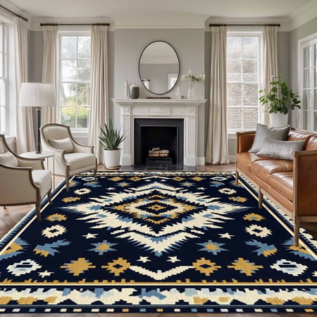 Boho Navy Blue Area Rug 6x9 FT, Non Slip Living Room Throw Carpet, Ethnic Geometric Southwestern Retro Washable Soft Large Floor Carpet Non-Shedding Rug for Bedroom Dining Room Play Room