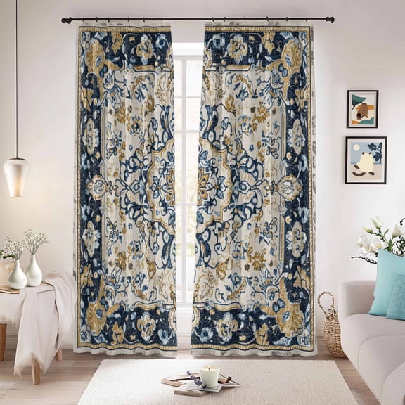 Boho Navy Blue Blackout Curtains for Bedroom/Living Room, Pinch Pleated Black Out Curtains, Vintage Southwestern Geometric Ethnic Room Darkening Window Drapes with Hooks 2 Panels, 59"x70"