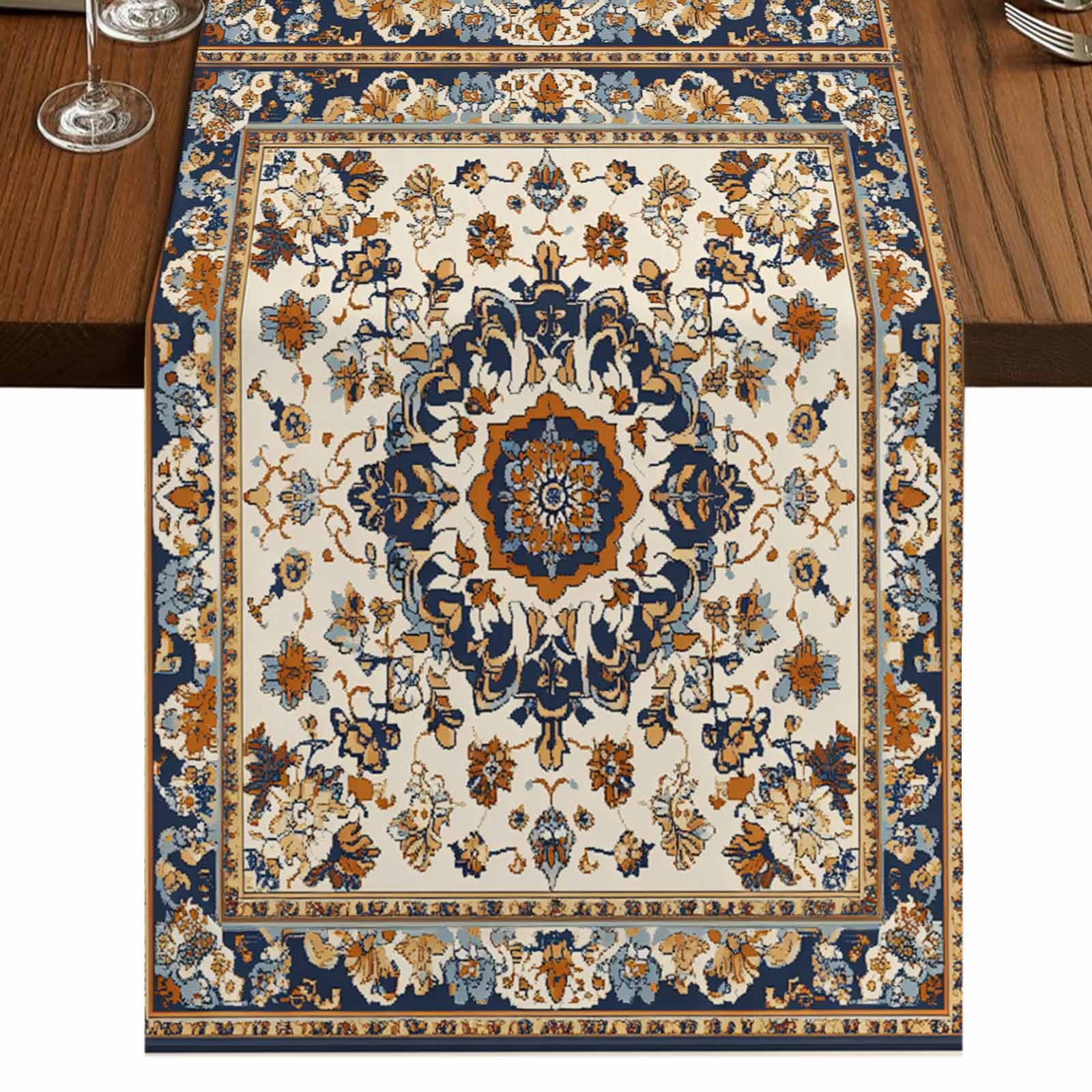 Boho Navy Blue Brown 72 Inch Table Runner, Geometric Southwestern ...