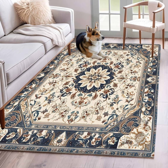 Boho Navy Blue Brown Area Rug 4'x6', Southwestern Retro Geometric Washable Non-Slip Rugs, Low Pile Large Carpet for Living Room Bedroom Dining Room Kitchen Office Indoor Mat
