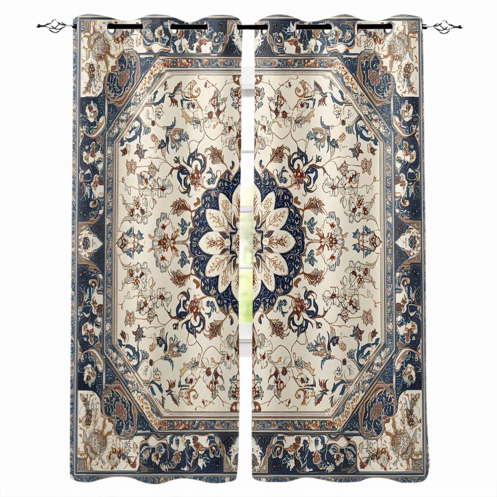Boho Navy Blue Brown Kitchen Curtains Southwestern Retro Geometric Cafe ...