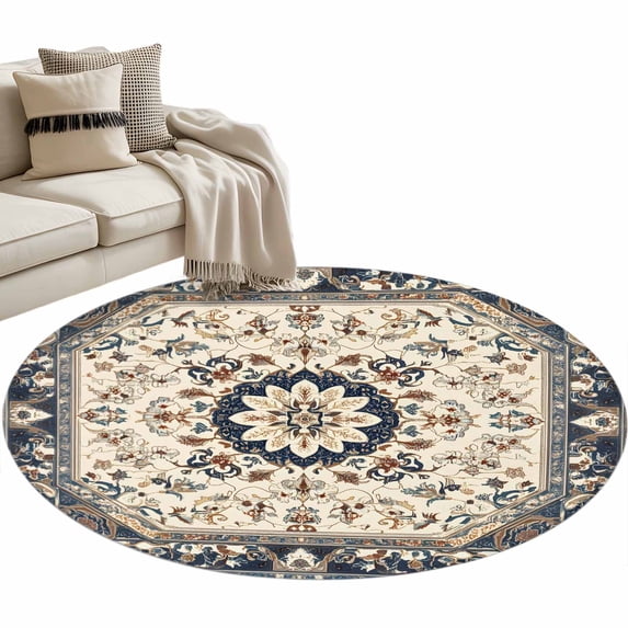 Boho Navy Blue Brown Round Rug 3ft Area Rug Washable Soft Non-Slip 3' Circle Low Pile Rugs Southwestern Retro Geometric Carpet for Bedroom Living Room Entryway Home Office Dining Room