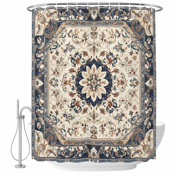 Boho Navy Blue Brown Shower Curtain Set - 72" x 78" Washable Bathtub Curtain with 12 Hooks, Southwestern Retro Geometric Waterproof Fabric Stall Shower Curtains for Bathroom/Bathtub Décor