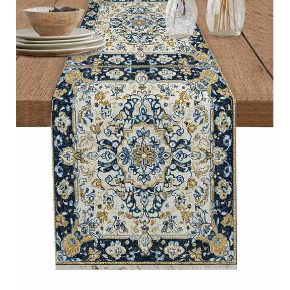Boho Navy Blue Burlap Cotton Table Runner 13x90 Inches Long, Vintage Southwestern Geometric Ethnic Farmhouse Table Runners, Outdoor Dining Tablecloths Decor for Baby Shower/Party/Wedding