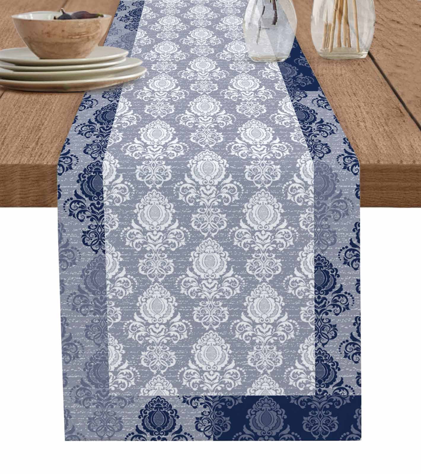 Boho Navy Blue Burlap-Cotton Table Runner 72 Inch Long,Southwestern ...