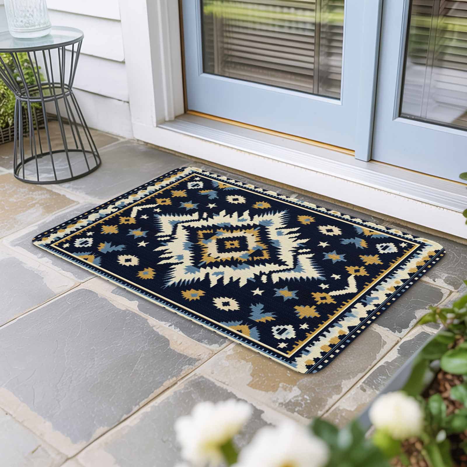 Boho Navy Blue Door Mat Indoor Outdoor, Ethnic Geometric Southwestern ...