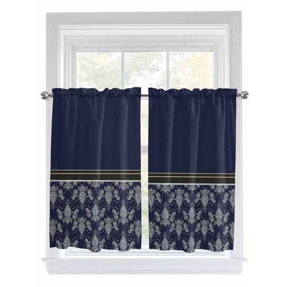 Boho Navy Blue Flower 2 Panel Kitchen Curtains for Windows, Abstract Bohemia Pesley Floral Bathroom Privacy Curtain, Home Décor Window Treatment for Bedroom/Living Room 55"x45"