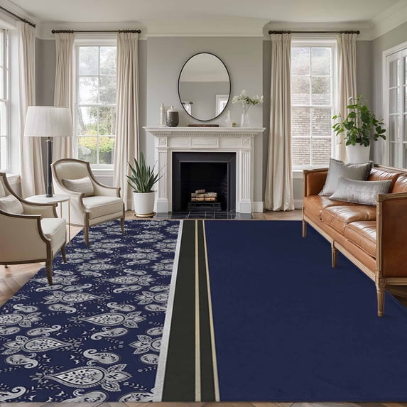 Boho Navy Blue Flower Area Rugs 5'x8', Washable Small Throw Rugs for Classroom Bedroom, Abstract Bohemia Pesley Floral Indoor Outdoor Rug Non-Slip Low Pile Carpet Runner Reversible Floor Mats