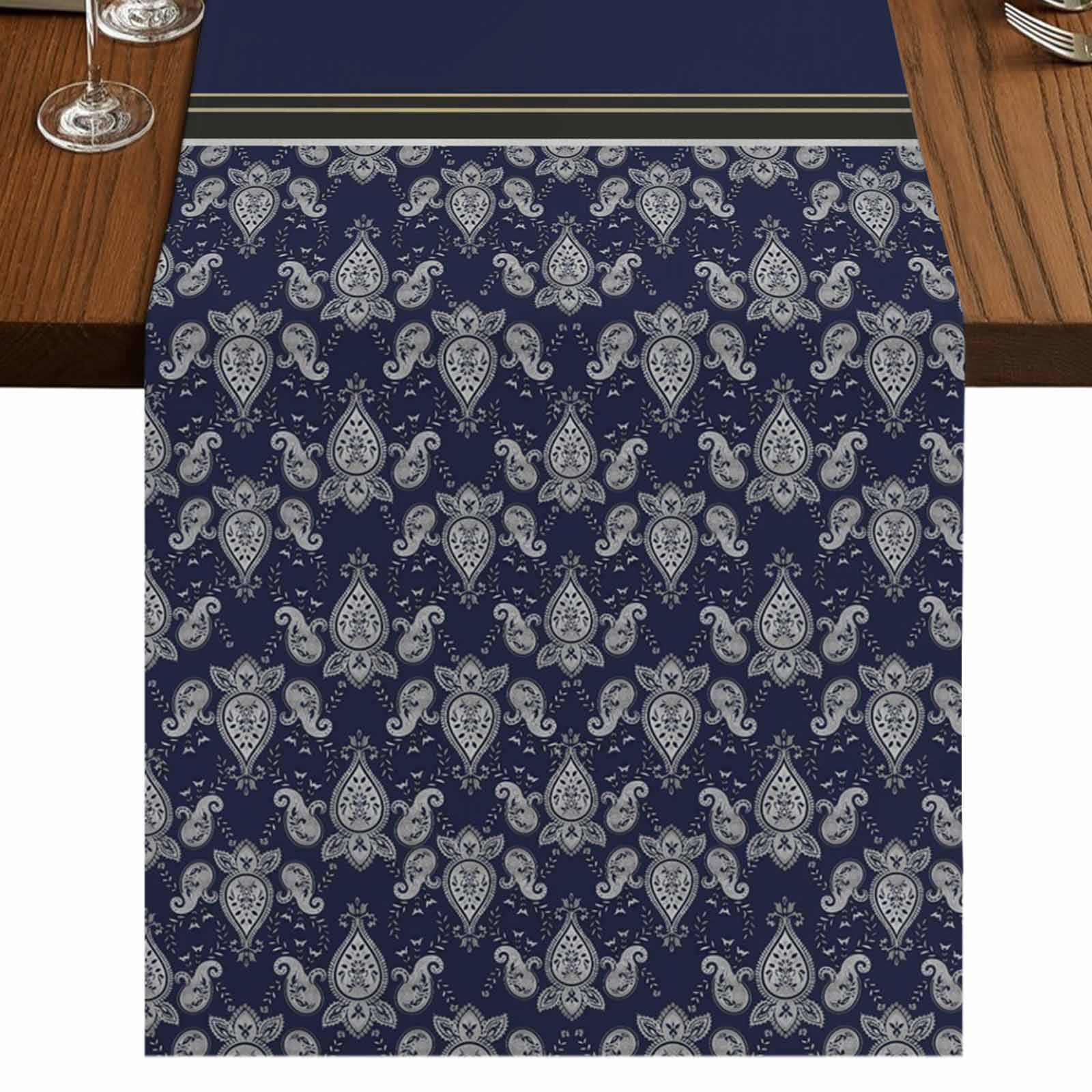 Boho Navy Blue Flower Burlap Cotton Table Runner 16x72 Inches Long ...