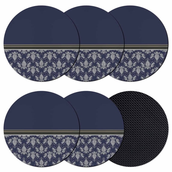 Boho Navy Blue Flower Coasters Set of 6, Absorbent Coasters for Drinks, Abstract Bohemia Pesley Floral Coaster for Desk Coffee Table Protection, Home Decor House Warming Gifts 4"