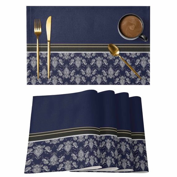 Boho Navy Blue Flower Placemats Set of 4, Abstract Bohemia Pesley Floral Placemats for Dining Table, Place Mats for Kitchen Tabletop, Waterproof Wipeable Dining Table Mats Set