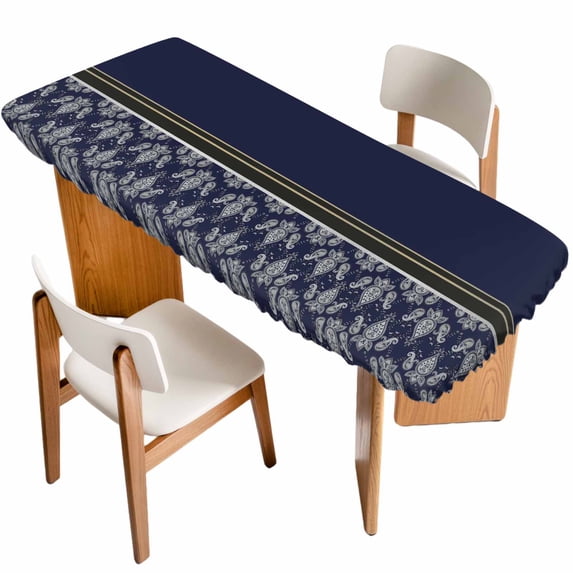 Boho Navy Blue Flower Table Cloths for 8 Foot Rectangle Tables, Abstract Bohemia Pesley Floral Patio Waterproof Elastic Fitted Tablecloths, Washable Rectangular Table Cover for Camping