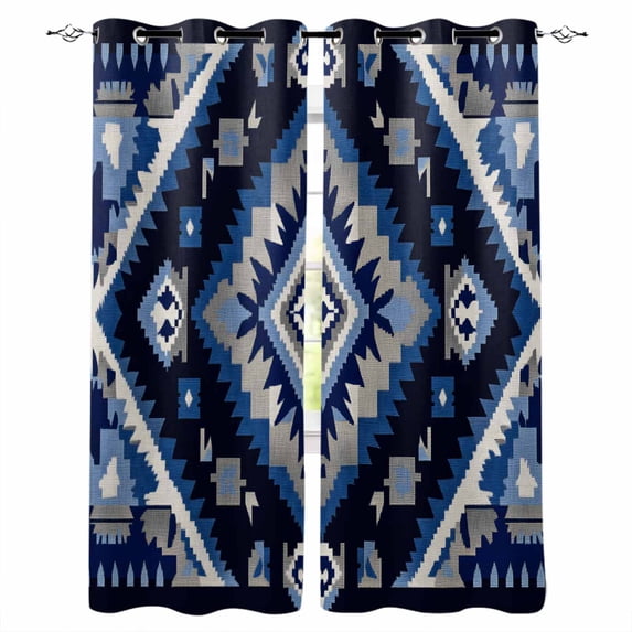Boho Navy Blue Grey Blackout Curtains 84 Inches Long for Bedroom, Ethnic Geometric Southwestern Vintage Thermal Insulated Room Darkening Black Out Window Curtain Panels Grommet Drapes for Living Room