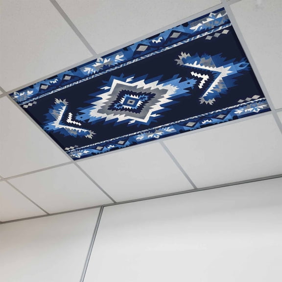 Boho Navy Blue Grey Magnetic Fluorescent Light Covers for Ceiling Lights 2x4Ft,Ethnic Geometric Southwestern Retro Office Classroom Kitchen Drop Ceiling Light Covers Filters Shade Panel 1Pack