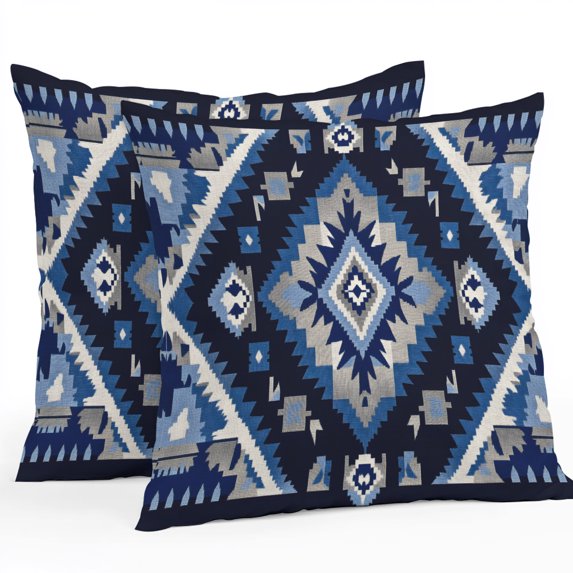 Boho Navy Blue Grey Outdoor Pillow Covers, Waterproof Decorative Throw Pillowcases Set of 2, Ethnic Geometric Southwestern Vintage Couch Cushion Cases with Zipper for Patio Garden Sofa 20"x20"