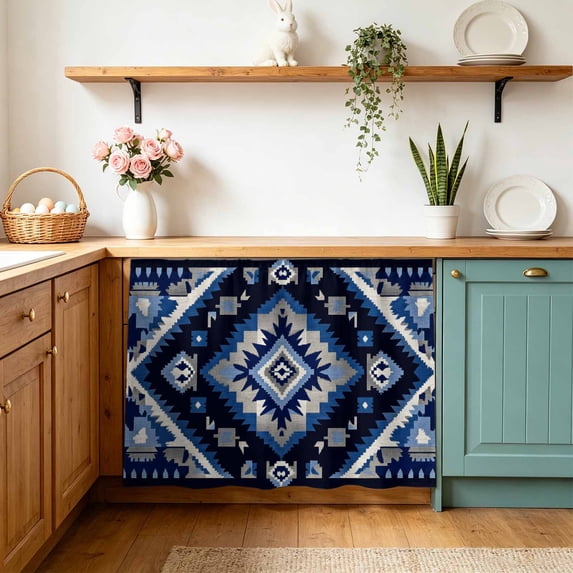 Boho Navy Blue Grey Sink Skirt 11"Wx13"L,Dustproof Under Sink Curtain with Self Adhesive Tape,Ethnic Geometric Southwestern Vintage Cabinet Curtain Cover for Bathroom Vanity,Kitchen Storage Shelf
