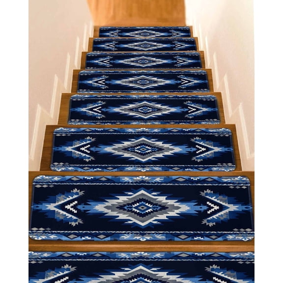 Boho Navy Blue Grey Stair Treads for Wooden Steps Indoor Runner Rug Carpet, Ethnic Geometric Southwestern Retro 15 Pieces Peel and Stick Staircase Step Treads Covers Washable Throw Door Mats, 30"x8"