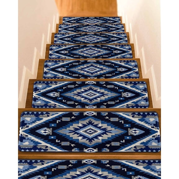 Boho Navy Blue Grey Stair Treads for Wooden Steps Indoor Runner Rug Carpet, Ethnic Geometric Southwestern Vintage 4 Pieces Peel and Stick Staircase Step Treads Covers Washable Throw Door Mats, 30"x8"