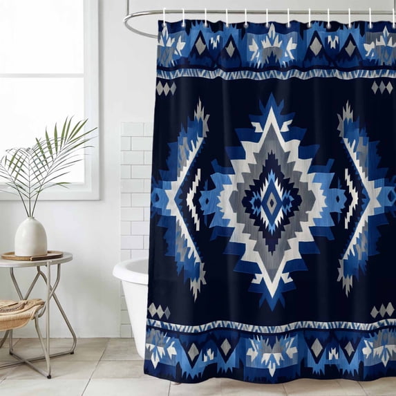 Boho Navy Blue Grey Waterproof Fabric Shower Curtain,Ethnic Geometric Southwestern Retro Waterproof Fabric Shower Curtain for Bathroom Curtains Bathtubs Shower Curtains with 12 Hooks Stall 54x78in