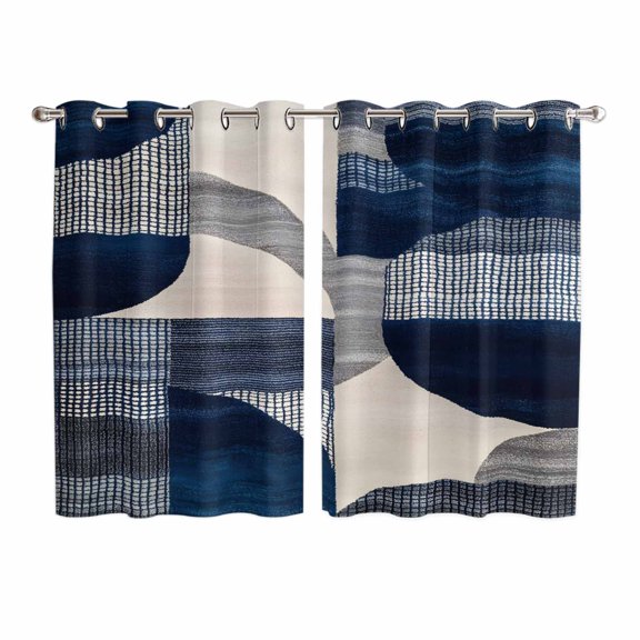 Boho Navy Blue Kitchen Curtains 63 Inch Length, Modern Geometric Abstract Art Grommet Top Bedroom Living Room Curtains, Light Filtering Cafe Curtain Drapes 2 Panels Set 104''x63''