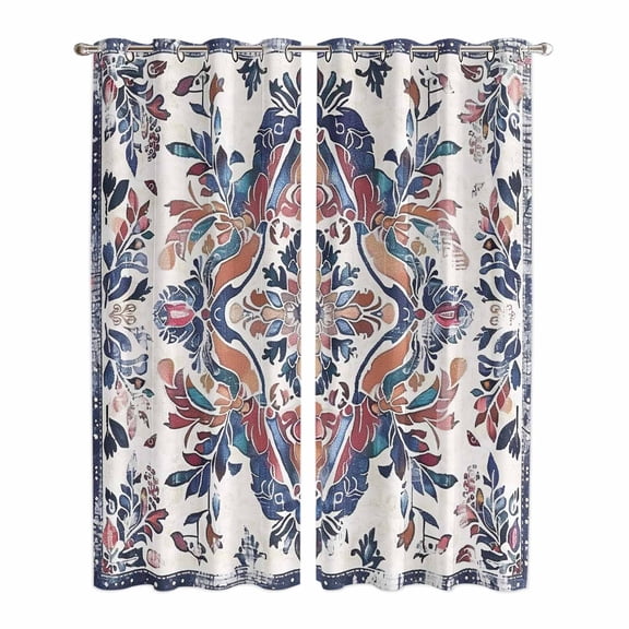 Boho Navy Blue Kitchen Curtains 84 Inch Length, Vintage Southwestern Geometric Art Grommet Top Bedroom Living Room Curtains, Light Filtering Cafe Curtain Drapes 2 Panels Set 84''x84''
