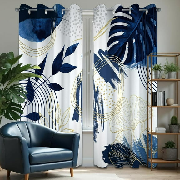 Boho Navy Blue Leaf Blackout Curtains, Bohemian Mid Century Modern Dark Blue and White Palm Window Drapes for Bedroom Living Room 42"W x 63"L (Pack of 2)