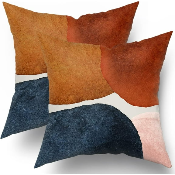 Boho Navy Blue Orange Pillow Covers 16x16 Set of 2 Modern Abstract Geometric Print Decorative Throw Pillows Mid Century Style PillowCase Square Cotton Farmhouse Cushion Case Decor for Couch Sofa Bed