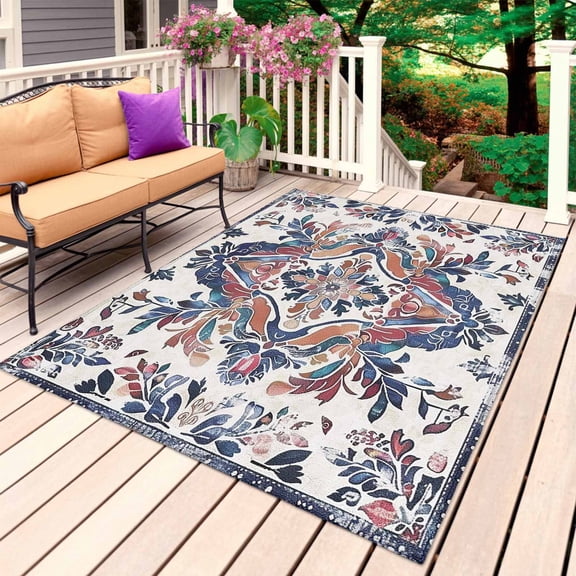 Boho Navy Blue Outdoor Rug for Patio/Deck/Porch, Non-Slip Large Area Rug 4 x 6 Ft, Vintage Southwestern Geometric Art Indoor Outdoor Rugs Washable Area Rugs, Reversible Camping Rug Carpet Runner
