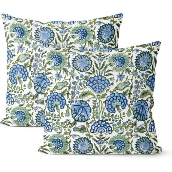 Boho Navy Blue Pillow Covers 18x18 Inch 2 Pcs Sage Green Vintage Floral Decor Throw Pillows Spring Flower Summer Outdoor Farmhouse Decoration Pillowcase Cushion Cover for Couch Sofa Bed