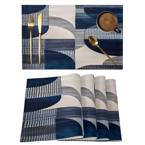 Boho Navy Blue Placemats Set of 2, Cotton Linen Fabric Place Mats, Modern Geometric Abstract Art Washable Decorative Table Mats Protector for Home Kitchen Dining Wedding Party Coffee Tables