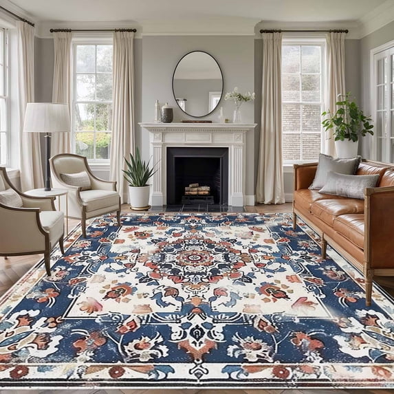 Boho Navy Blue Red Area Rug 6x9 FT, Non Slip Living Room Throw Carpet, Southwestern Geometric Vintage Art Washable Soft Large Floor Carpet Non-Shedding Rug for Bedroom Dining Room Play Room