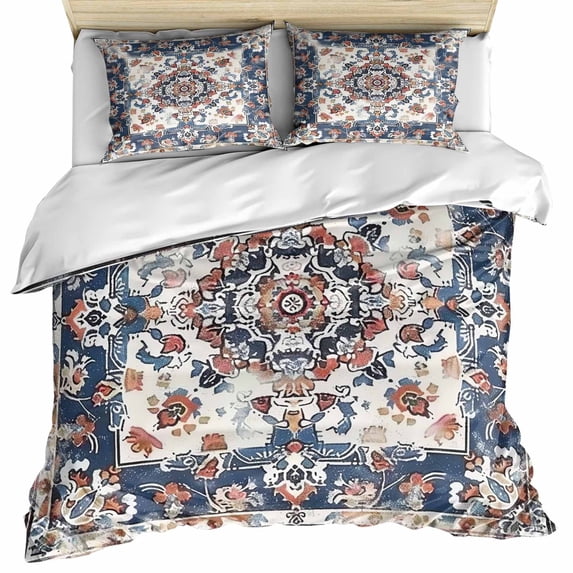 Boho Navy Blue Red Bedding 3 Piece Duvet Cover Set California King, Southwestern Geometric Vintage Art Soft Microfiber Comforter Cover with Zipper Closure & Pillowcases, FadeResistant Quilt Cover